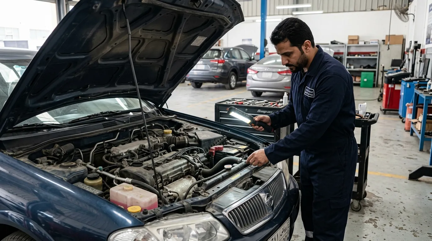 فني ميكانيكي يختبر ضغط دورة تبريد المحرك بجهاز فحص الضغط بمركز فارس العرب بالرياض