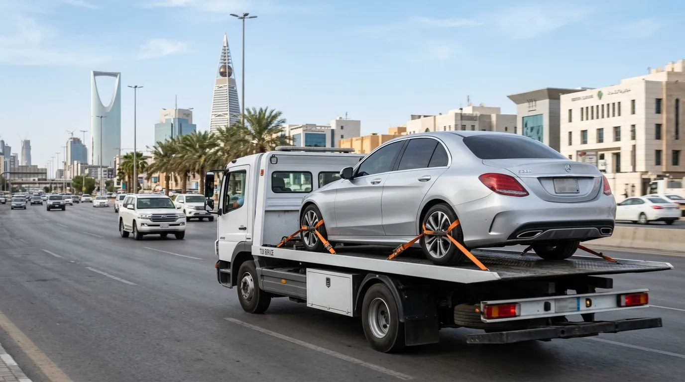 سطحة هيدروليكية مجهزة تنقل سيارة متعطلة وتثبتها بأحزمة العجلات بمركز فارس العرب بالرياض